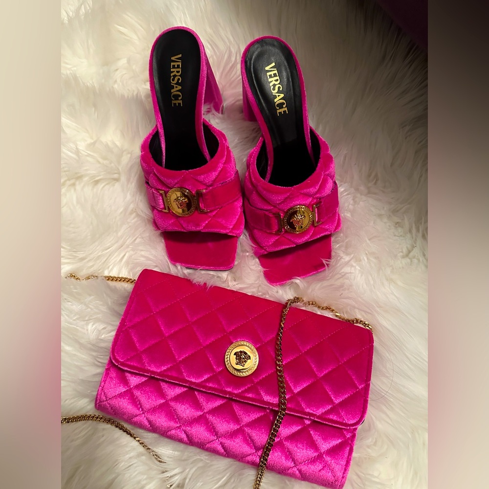 VERSACE pink Medusa Velvet Quilted Wallet On Chain purse and platform mules